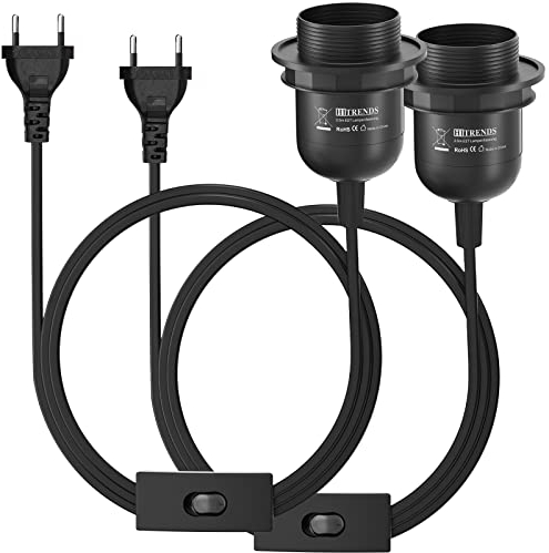 KEAGAR 2 x E27 Lampenfassung mit Schalter mit Stecker, E27 Fassung Schwarz mit 3,5m Kabel Schraubring - Küche, Wohnzimmer und Kinderzimmer - Schwarz