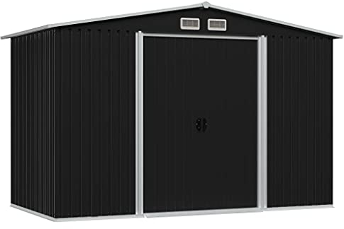 YEZIYIYFOB GeräTehaus Geräteschuppen Anthrazit Stahl 257x205x178 cm Gartenschrank Gartenhaus Metall Fahrradgarage Gartenschrank Wetterfest Fahrradunterstand Outdoor Schrank mit 4 Lüftungsschlitzen