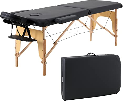 Panana 2-Zonen Massageliege Tragbare Massagebank Höhenverstellbarer Massagetisch mit Kopfstütze und Abnehmbare Armlehnen aus Holz (Schwarz)