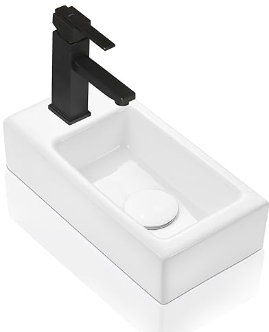 Wall Hung Small Bathroom Sink - Vessel Sink Rectangle White Ceramic Porcelain - Vanity Sink Art Basin Wash Basin with Left Hand Single Faucet Hole 14.6 x 7.3 x 3.55