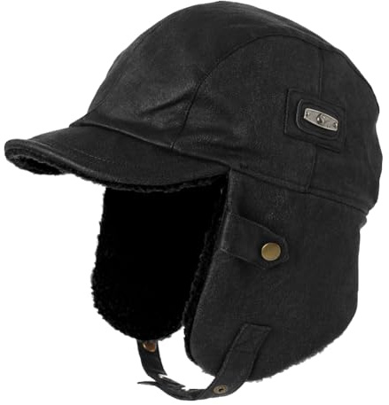 TOP-EX XL Winter wasserdichte Trapper-Hüte für Herren Kunstleder Aviator Pilotenmütze mit Ohrenklappen Warm gefütterte Kappe mit Schirm für die Jagd Schießen Schwarz