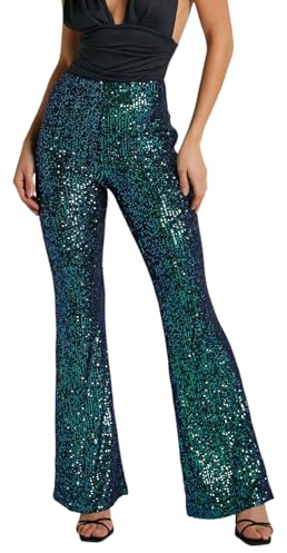 Duohropke Glitzer Hose Damen Wide Leg High Waist Hose mit Pailletten 70er Elegante Schlaghose Stretch Hosen für Club Party Fest Tanzen