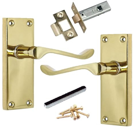 DISCOUNT HARDWARE UK Door Handle Sets, Victorian Scroll Brass Door Handles with Lock and Key, Bedroom Door Handle, External Door Lock and Handle Set (Latch Handle 118mm)