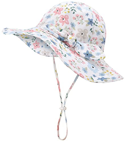 Baby Girl Sun Hat Summer Beach Hats UPF 50+ with Wide Brim Strap Bucket Hat