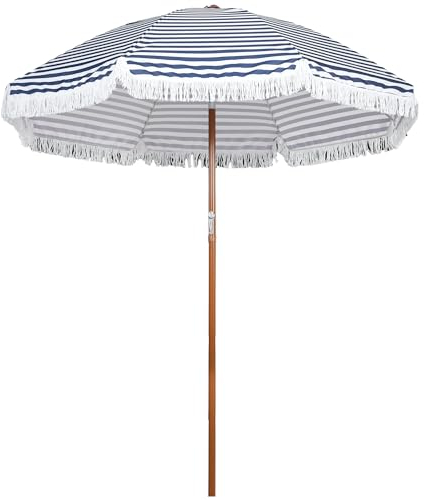 Outsunny Parasol droit parasol inclinable parasol de jardin rond Ø 213 cm avec franges polyester haute densité anti-UV mât démontable 8 baleines - style vintage - bleu et blanc
