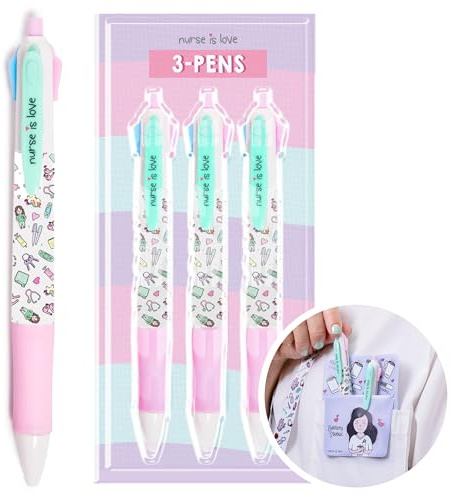 Nurse is Love Kugelschreiber Krankenschwester Set 3 Stück - Aesthetic Mehrfarbige Stifte, 4 Farben Kuli - Passt Zu Schlüsselband | Zubehör für Arzt und Krankenschwester | Geschenke