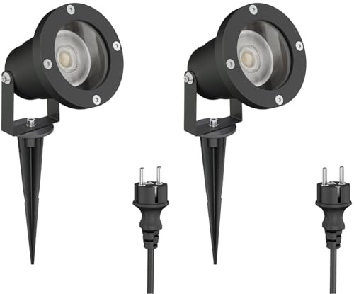 ledscom.de 2 st LED-trädgårdsstrålkastare DUK, svarta, med jordspett för utomhusbruk, IP65, inkl. GU10-lampa (varmvitt, 7,6 W, 1103 lm, 33°)