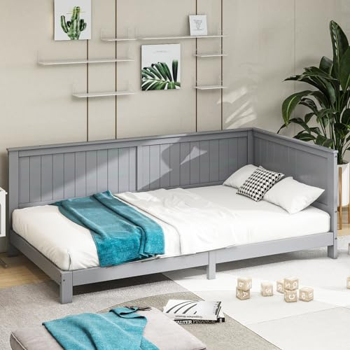 KecDuey Sofabett,Schlafsofa 90x200 cm, Einzeltagesbett aus Holz, Einzelbett mit Lattenrost,Rückenlehne Kinderbett,Holzbett,Bettrahmen (Grau, 90 x 200cm)