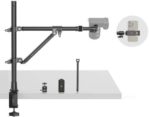 SMALLRIG Dreieckige Kamera-Tischhalterung, max. Tragkraft 3 kg, Überkopf-Kamerahalterung mit zusätzlicher Stützstange, mit Telefonhalter und kleinem Kugelkopf für Kamera/Telefon/Licht/Webcam – 4304