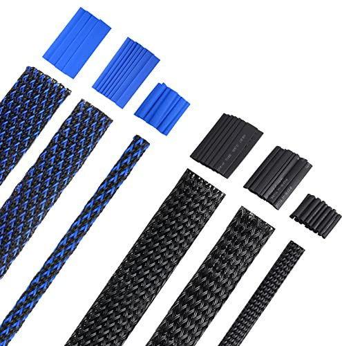 Xuniea 96ft Wire Loom Braided Cable 1/4, 1/2, 3/4 Inch,Black and Blue | Wire Loom Braided Cable Sleeve Covers, with 127 Heat Shrink for Audio Video Cables, Protects from Pets, Flexible Organizer