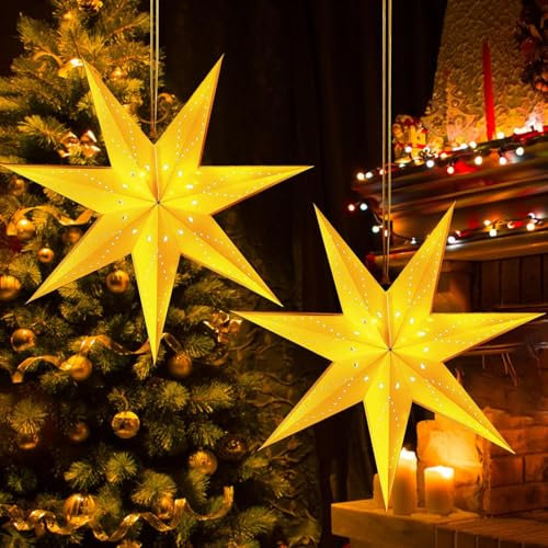 2 Stück Papiersterne zum Aufhängen,Papiersterne Weihnachten Fensterdeko,Leuchtsterne Fenster, Dekostern beleuchtet aus Papier zum Aufhängen, Faltsterne Weiß Papierstern Beleuchtet (Small)
