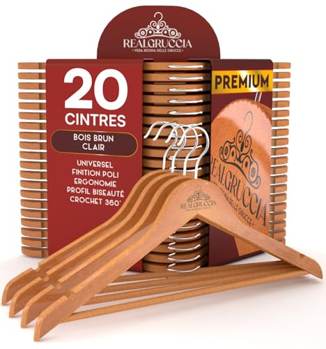20 Kleiderbügel aus Holz Anti-Rutsch-Einkerbungen Holzbügel RealGruccia Farbe Hellbraun von Hosen Anzügen Hemden - Hosensteg Polierter Oberfläche Drehbaren Hakens und Abgeschrägte Profile - 22x45cm