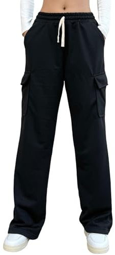 Nuofengkudu Pantalones Chandal Mujer Cargo Joggers Anchos Rectos con 4 Bolsillos Laterales Cintura Elástica Cordón Pantalon Comodo Deportivos Casual Diario Negro L