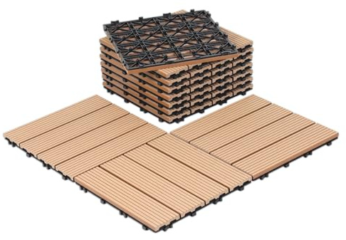 Fiqops 55 stycken WPC-plattor, 30 x 30 cm WPC terrassplattor, trädgårdskakel med klicksystem, terrassbrädor, balkongplattor, klickplattor, terrassbrädor, vattentäta för terrass, för 5 m², teak