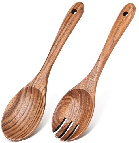 Lot de 2 cuillères en bois pour la cuisine, kit de salade en teck, couverts à salade en bois, ensemble d'ustensiles de service à salade en bois, ensemble de cuillères à salade en bois pour servir,