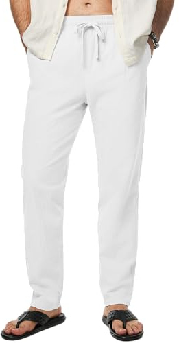 LVCBL Pantalon d'été décontracté en lin pour homme - Léger - Élastique - Coupe ample, blanc, 3XL