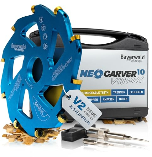 Bayerwald NeoCarver 10 Vision V2 Disque de fraisage en métal dur pour bois – Fraise à sculpter sur bois en aluminium pour meuleuse d'angle pour séparer, meuler, ébarber, etc. – Diamètre 115 mm x 22,2