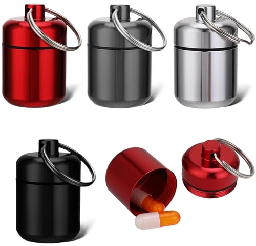 AONAYO 4 Stück Pillendose Schlüsselanhänger, Metall Pillendose, Klein Tablettendose, Tragbare Tablettendose für Reise, Camping, Angeln, Speicherung