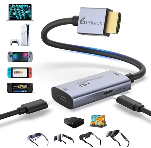 Guermok HDMI till USB-C AR-adapter 4K@60Hz med 5V laddning, för XREAL One/Air 2 Pro/RayNeo/Rokid, Steam, Switch2/1, PS5/4, bärbara monitorer (Silver)
