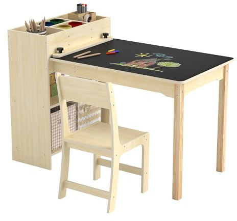 Puecrof Kinder Kreativtisch mit Stuhl aus Massivholz – Multifunktioneller Lern- & Spieltisch mit Stauraum für Kleinkinder ab 12 Monaten | Maltisch für Zuhause mit ergonomischem Kinderstuhl​