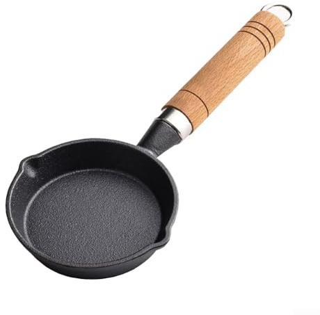 babominimer Mini-Bratpfanne aus Gusseisen, 10 cm, antihaftbeschichtet, kleine Pfanne mit Holzgriff, Eierpfanne für Öldosierung, Küche, Kochen (A10 cm)