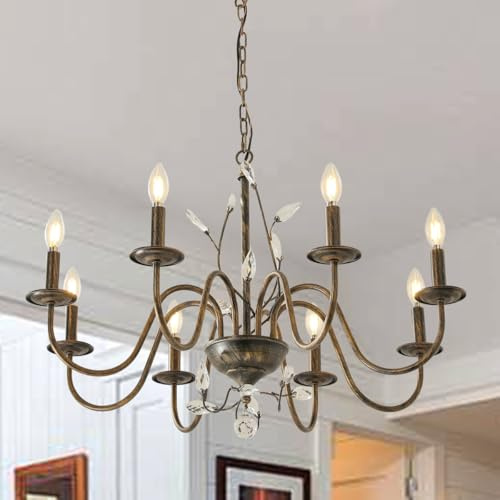 Lanpesting Farmhouse Crystal Chandelier,32 Inch Modern Flower Branch Oil-Rubbed Bronze Rustic Vintage Hanging Pendant Ceiling Light Fixture for Living Room Dining Room Bedroom Foyer Entryway