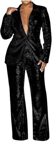 Hosenanzug Damen Festlich Elegant Curvy Pailletten Anzug Zweiteiliger Blazer und Hose Business Hosenanzüge für Frauen Slim Fit Streetwear Damenanzug 2 Stück Set Festlich Pailletten Sets Freizeitanzug