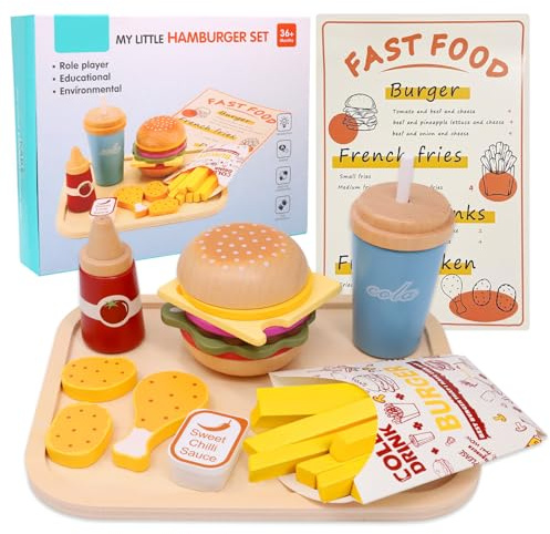 Juguetes de madera para niños – Juego de comida rápida para hamburguesas de madera con menú alemán, juguete ideal para la cocina de barro y accesorios de cocina para tiendas.