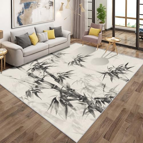 Generisch Tinte Bambus Teppich Wohnzimmer Schlafzimmer, Teppich Chinesisches Bambusblatt Botanisch Kurzflor & Waschbarer & rutschfest & Weich Flanell Teppiche Kinderzimmer 140x200cm