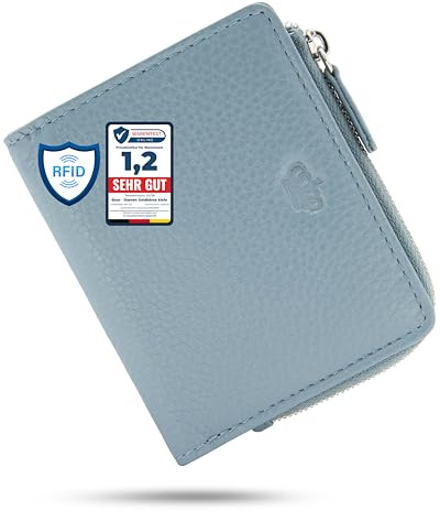 Baur Damen Geldbörse klein – Echtes Leder mit RFID-Schutz – Kleines Portemonnaie mit 7 Kartenfächern – Druckknopfverschluss und Münzfach mit Reißverschluss (Silber Reißverschluss, Tauben-Blau)