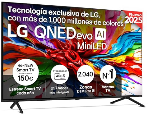 LG Smart TV 55 QNED EVO MiniLED 4K UHD (2025) – Procesador α8 AI Gen2, Dolby Vision & Atmos, VRR 144Hz, webOS 25, AMD FreeSync, Magic Remote, WiFi 6, Bluetooth 5.3
