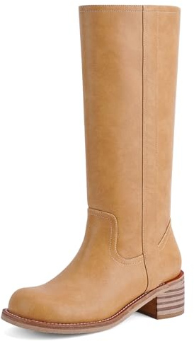VBDB Mid Calf Boots for Women Square Toe Chunky Block Heel Long Boots Comfortable Low Heels Casual Fashion Campus Shoes Spring Summer Style for Dating, Dressy Everyday Chic Size8.5