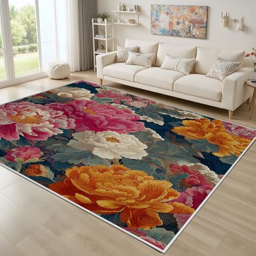 Dyjuaa Bunte Pfingstrose Fußmatte Schmutzfangmatte 60x90cm, Chinesische Blumen Teppich Antirutsch Waschbar, Traditionelle Ästhetik Teppich Kurzflor für Hund, Eingang, Haustür, Balkon, Küche, Flur