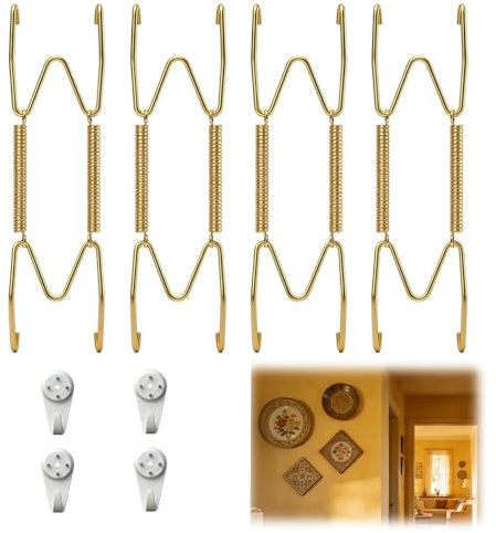 4 Stück Tellerhalter Wandhalter aus vergoldetem Metall 10 Zoll Wandaufhängung ohne Bohren mit transparenten Haken Wandaufhängung für dekorative Teller, Teller und kleine Tabletts
