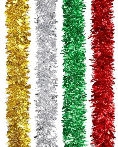 HUANYO 4 Pack Shiny Metallic Tinsel Garlands,8m Total - Sparkly Decoration for Party, Christmas Tree, Wedding, Ceiling & Festive Events