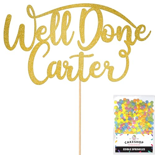 Cakeshop Personalised Well Done Congratulations Glitter Cake Topper With Sprinkles - Custom Colour - Gold Any Name - Double-Sided Glitter Decoration - Custom Toppers for Cakes