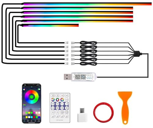 Mvellir Acryl 6 IN 1 Auto Ambientebeleuchtung, RGB LED Auto Innenbeleuchtung Strip Lights 445cm 584 LEDs Innenbeleuchtung Streifen mit 16 Millionen Farben, 240＋Dynamische, App+Fernbedie