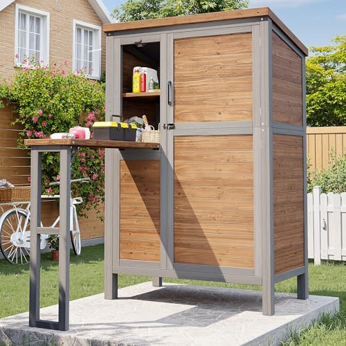 Gartenschrank Holz massiv mit ausklappbarer Arbeitsplatte, wetterfester Werkzeugschrank mit verstellbaren Regalböden & Sicherheitsverschluss für Garten, Terrasse, Balkon, 86 x 46 x 160 cm