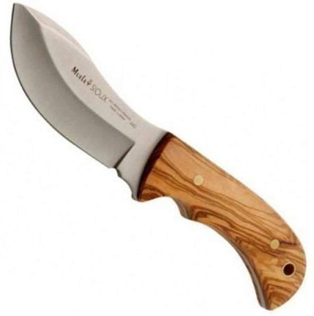 Muela Cuchillo SIOUX-10.OL hoja de acero ACX-380 de 10 cm y empuñadura de olivo para Caza, Pesca, Supervivencia y Bushcraft Realizado en Ciudad Real + Portabotellas de regalo