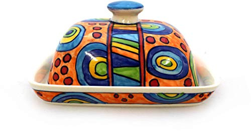 Beurrier avec couvercle en céramique multicolore peint à la main (Ronda Orange)