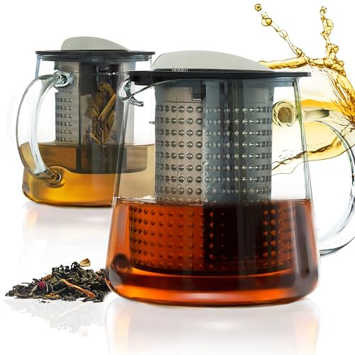 finum® TEA CONTROL 0,8 Liter (800 ml) - Glas Teekanne mit Edelstahlsteg, Siebeinsatz & Filzuntersetzer, Glaskanne Tee, Borosilikat Glas Kanne, Teebereiter, Filter, Patentierte Brühkontrolle - Schwarz