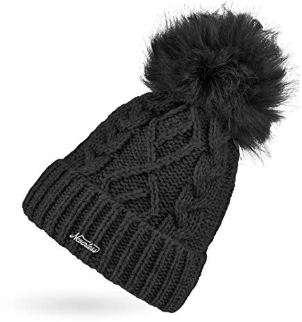 Neverless® Damen Strick-Mütze mit Innenfutter Fleece Fell-Bommel Kunstfell Bommelmütze Zopfstrickmuster Umschlag schwarz