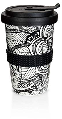 Mahlwerck Kaffeebecher to go, Porzellan Coffee-to-go Becher mit auslaufsicherem Deckel, Mandala Motiv in Schwarz-Weiß, 400 ml
