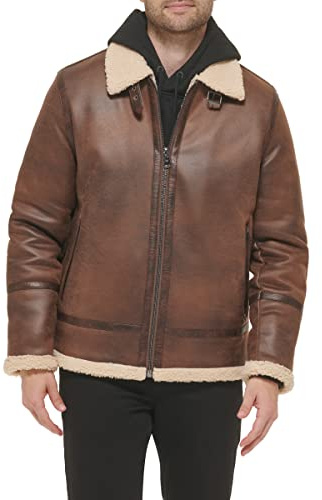 Calvin Klein Men's Faux Leather Jacket Men - Bomber Jacket With Shearling Lining, Brown, Large