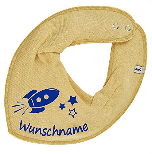 HALSTUCH mit Namen oder Text personalisiert für Baby oder Kind aus Baumwolle in Einheitsgröße Rakete pastellgelb