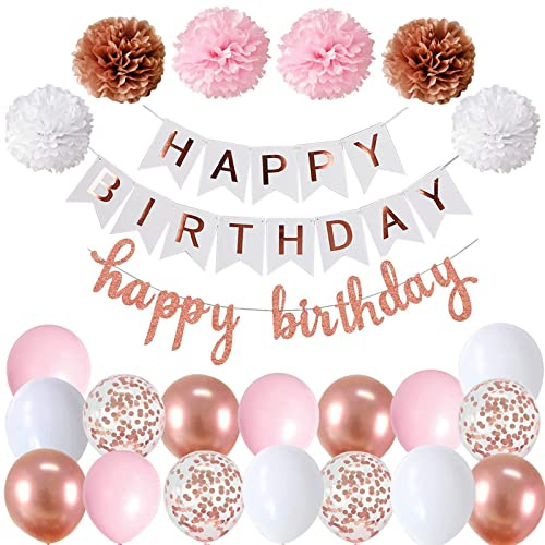 Ohighing Happy Birthday Weiß Rosegold Geburtstag Party Deko Set Geburtstag Girlande Luftballons Rosegold Ballons 6 Pompoms Geburtstagsdeko Mädchen