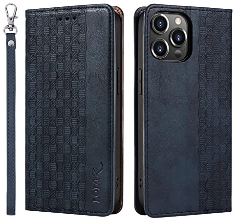 LOLFZ Case for iPhone 14 Pro Max, Leather Flip Wallet Case Card Slots Kickstand Wrist Strap Protective Magnetic Phone Case Cover for Apple iPhone 14 Pro Max - Blue