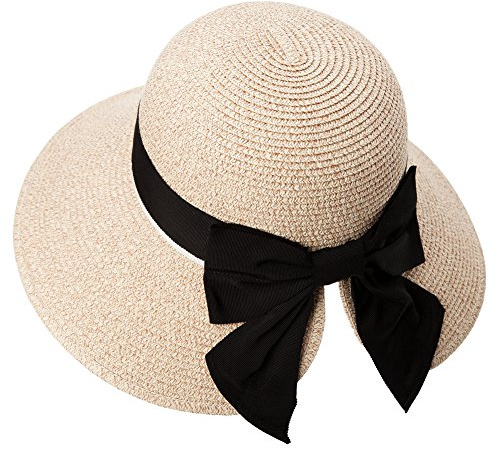 Comhats Damen-Sonnenhüte, LSF 50, breite Krempe, Stroh, Strand, Sommerhut für Damen, faltbar, Pferdeschwanz, Schleife, Wasserdicht_Beige, L