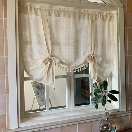 Yaland Leinenoptik Raffrollo Tunnelzug Blickdicht Landhausstil Bindegardine mit Häkelkante Beige 1 Stück, HxB 160x100cm