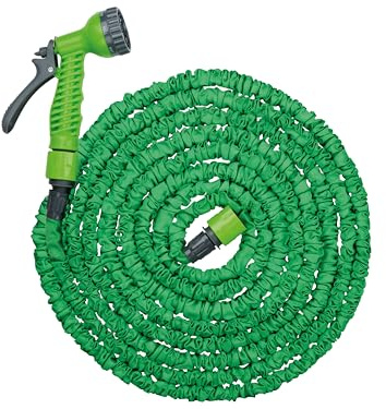 Kinzo Flexibler Gartenschlauch 15 m – inkl. Schlauch Aufsatz – Sprühkopf mit 7 Sprühpositionen – Kunststoff – Grün/Grau